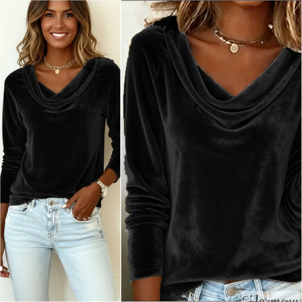 Velvet Whisper Cowl Neck Top - Black